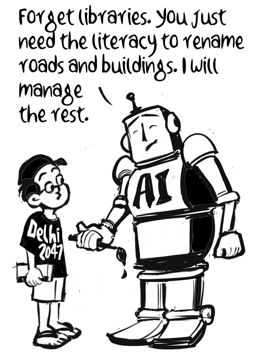 unnycartoonist's tweet photo. Cartoon @IndianExpress.  A 135-year old library can't relocate in the capital of a heritage-proud nation. https://t.co/MfBah8QIKV