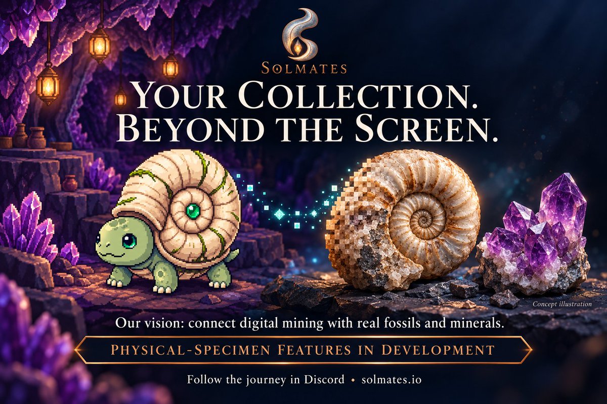 TheWolfOfTCG's tweet photo. Your collection. Beyond the screen. ⛏️

SOLMATES aims to connect creature mining with real fossils &amp; minerals. Physical-specimen features are in development.

Discord: https://t.co/M40HfnOuLB
Telegram: https://t.co/z79sUD2SX0
#Solana #Web3Gaming #Fossils #SolanaCrypto https://t.co/WX6KoGSoUo