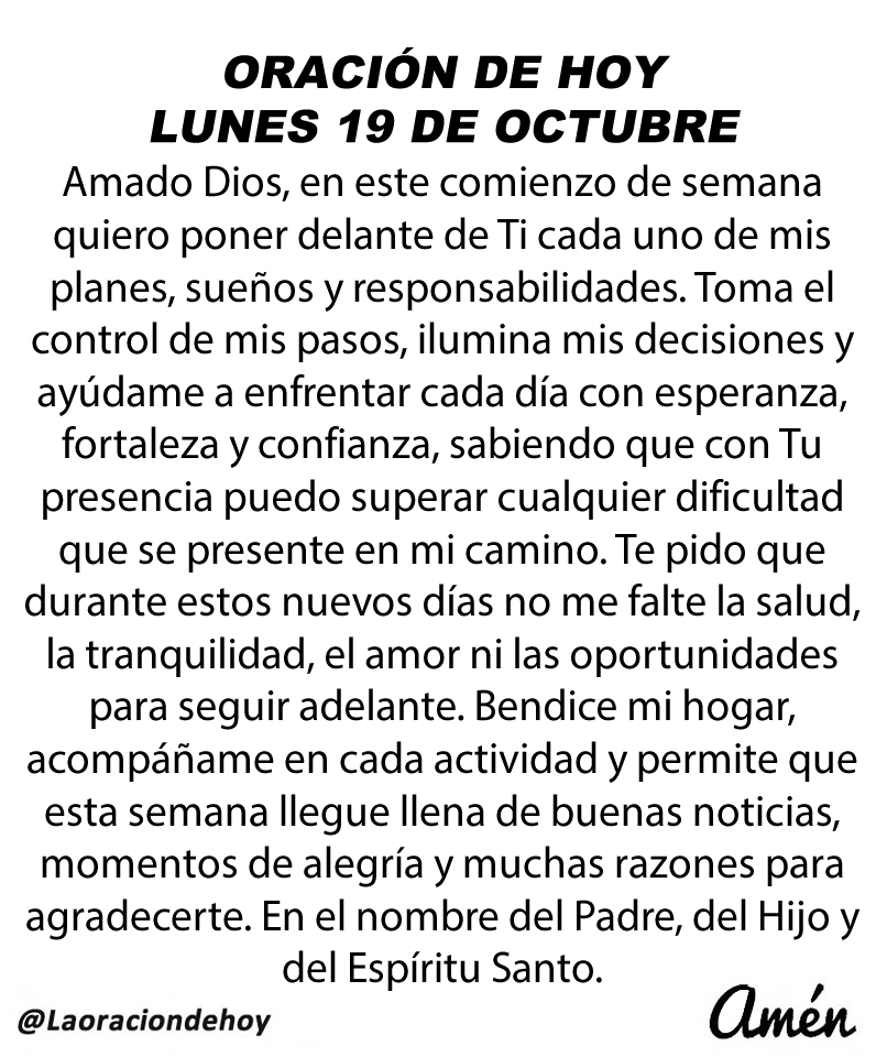 laoraciondehoy's tweet photo. Oración diaria para hoy lunes 19 de octubre de 2026. https://t.co/rboQX2aLZV