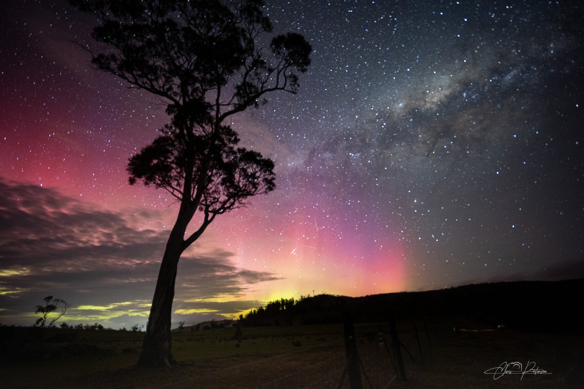 ChrisPe28409641's tweet photo. Aurora and the Milky Way during the coronal-hole high-speed solar-wind stream. Triabunna, Tasmania 10:18 pm, 4 October 2026 https://t.co/vUvwDyWDwX