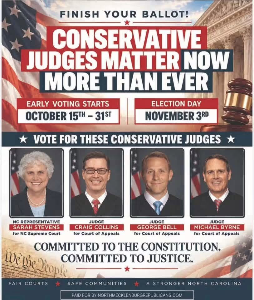 NCGOP's tweet photo. Constitutional. Conservative. Common Sense on the Bench. https://t.co/88Osj92n4m