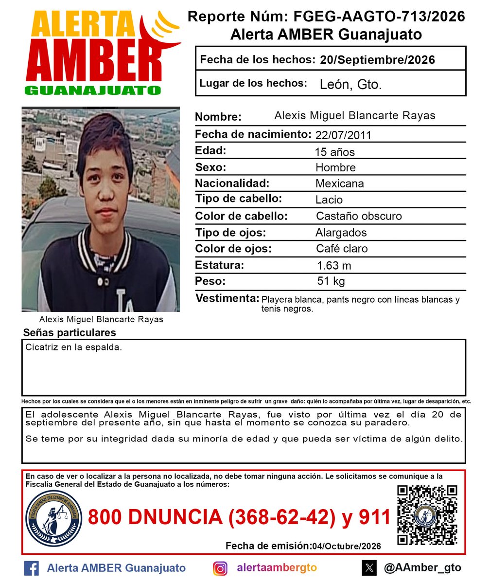 AAMBER_gto's tweet photo. Activación de la Alerta AMBER Guanajuato del adolescente Alexis Miguel Blancarte Rayas de 15 años, León, Gto. ¡Ayúdanos a localizarlo! https://t.co/xZKEY4Iw8p