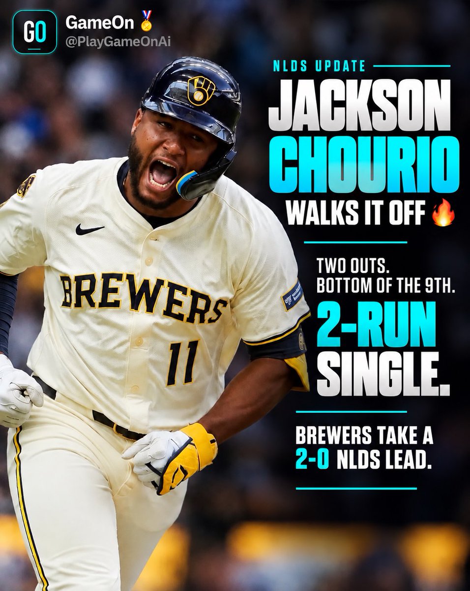 PlayGameOnAi's tweet photo. JACKSON CHOURIO WALKS IT OFF🔥

Two outs. Bottom 9. 2-run single.

Brewers take a 2–0 NLDS lead🎯

Big-time players deliver in big-time moments.

#GameOnAi #MLBPlayoffs https://t.co/vBI6HSamgF