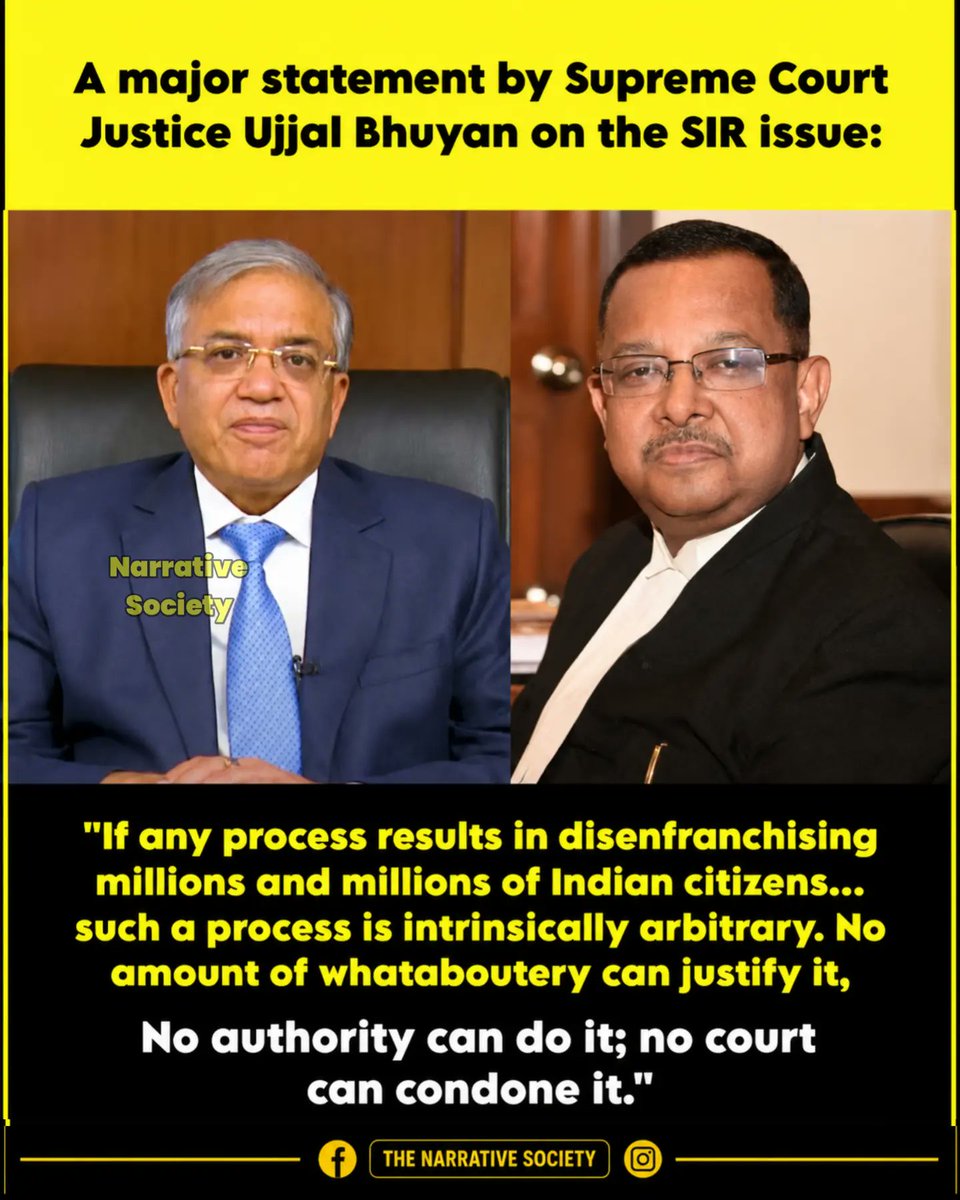 Kumarjyoti49291's tweet photo. A statement that hits hard.
"If any process disenfranchises millions of Indian citizens... no authority can do it, no court can condone it."
Supreme Court Justice Ujjal Bhuyan on SIR – and this is the line every Indian needs to hear today.
#SupremeCourt #SIR #JusticeBhuyan #RightToVote