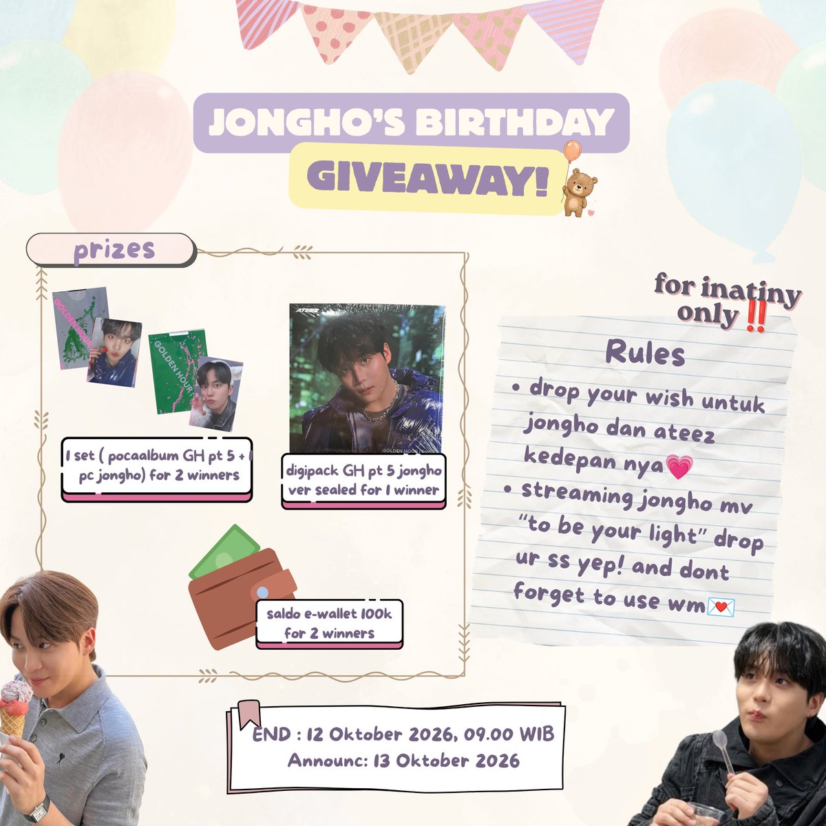 bluesnavyj's tweet photo. 🐻JONGHO’S BIRTHDAY GIVEAWAY🐻
📌for INATINY only‼️
🧷For rules you can see in this pict
END : 12 Oktober 2026 21.00 WIB
Announc : 13 Oktober 2026

RT and Like this tweet are really appreciated🫶✨

and let’s be moots if u want!💗 https://t.co/bdVF7ptiHj