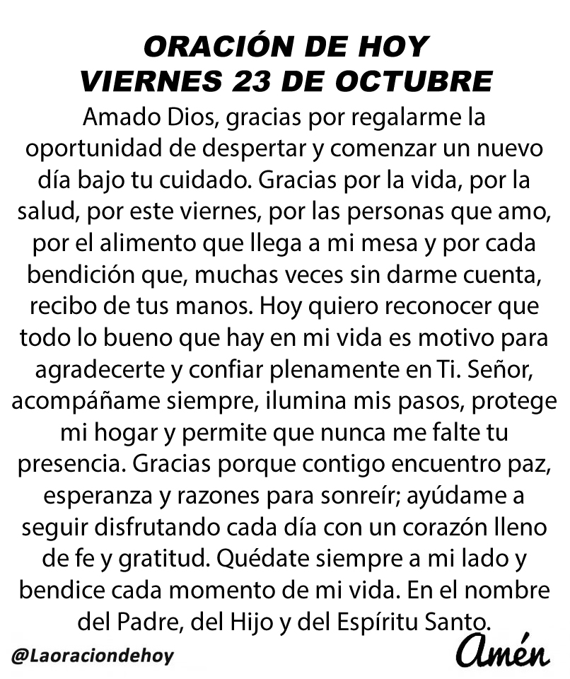 laoraciondehoy's tweet photo. Oración diaria para hoy viernes 23 de octubre de 2026. https://t.co/BvDHQr8XA2
