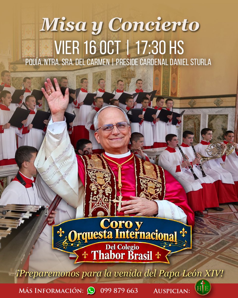 heraldos_uy's tweet photo. Viernes 16 de octubre en la parroquia Nuestra Señora del Carmen ⛪ (18 de Julio, esq. Tacuarembó - Montevideo).
17:30 hs Misa Solemne, presidida por el Cardenal Daniel Sturla, acto seguido presentación musical del Coro y Orquesta Internacional del Colegio Thabor de Brasil. https://t.co/cJENvISajG