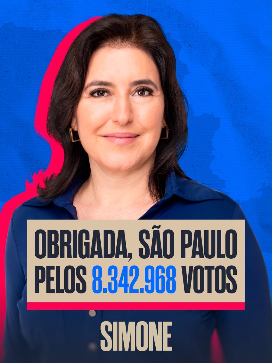 simonetebetbr's tweet photo. Quero agradecer os votos de 8.342.968 paulistas que confiaram nas nossas propostas.

Isso me enche de alegria e responsabilidade. São Paulo novamente me acolheu. 

As urnas falaram e temos a obrigação de compreender o recado que o eleitor nos dá. 

Estarei a partir de amanhã engajada na campanha de Lula e Alckmin para que o Brasil possa ter um caminho de segurança e estabilidade. 

O momento do mundo exige equilíbrio e experiência, atributos que somente os dois podem nos oferecer.