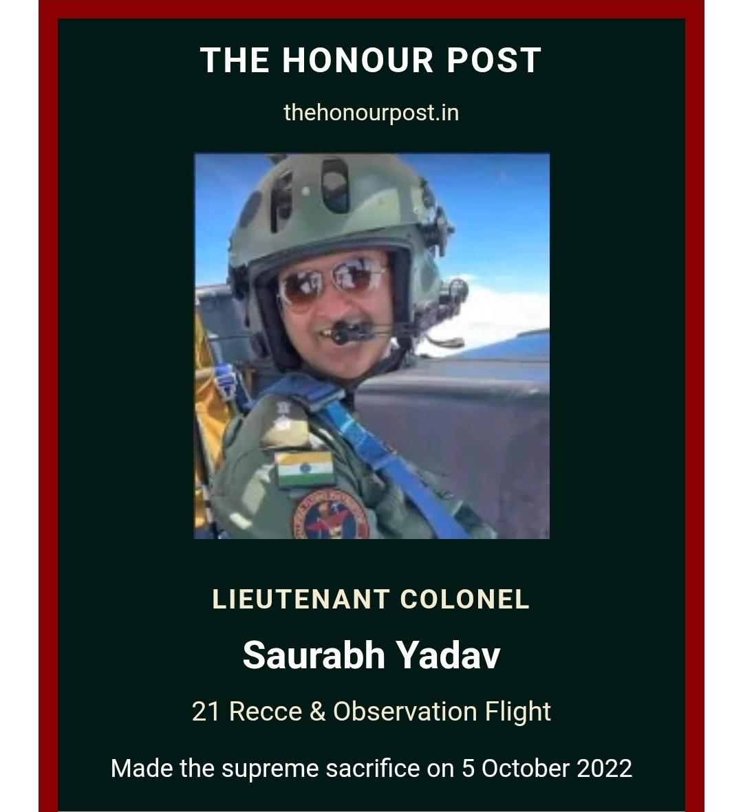 Thehonourpost's tweet photo. #knowyourheroes

The Braveheart of 21 Recce &amp; Observation Flight

#Thisday
In 2022
Lieutenant Colonel Saurabh Yadav made the supreme sacrifice in the line of duty on 5 October 2022 at Tawang, Arunachal Pradesh.

#TheHonourPost

https://t.co/RgGh3tXKhk https://t.co/vHBynFnODb