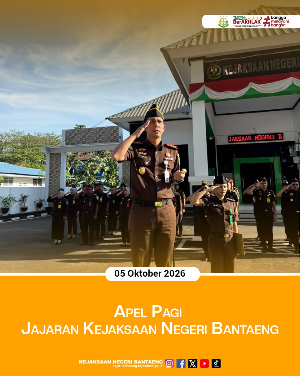 KNBantaeng's tweet photo. Kejaksaan Negeri Bantaeng melaksanakan kegiatan Apel Pagi Rutin pada Senin (5/10/2026), bertempat di halaman Kantor Kejaksaan Negeri Bantaeng. Bertindak selaku penerima apel pada kesempatan tersebut adalah Kepala Kejaksaan Negeri Bantaeng, Hadi Sukma Siregar, S.H., C.N. https://t.co/hk8Ki7hYgN
