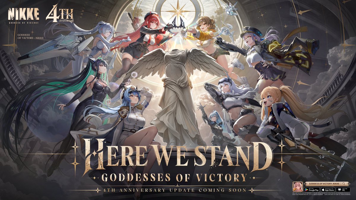 NIKKE_en's tweet photo. 【GODDESS OF VICTORY: NIKKE 4th Anniversary】

#NIKKE #NIKKE4thAnniversary

"Here We Stand, Goddesses of Victory."

GODDESS OF VICTORY: NIKKE 4th Anniversary is coming soon!

See you on NIKKE's official YouTube channel on October 24th at 19:00 (UTC+9)!

📺 : https://t.co/9OqQR7ZXIH

*There will be a 30 mins countdown from 18:30 ~ 19:00 (UTC+9)