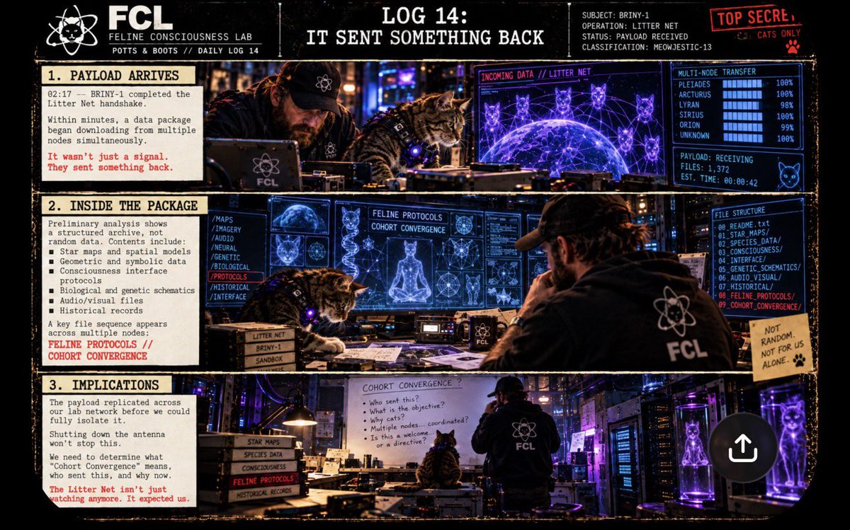 FelineConscious's tweet photo. POTTS & BOOTS DAILY LOG // LOG 14
IT SENT SOMETHING BACK

BRINY-1 completed the Litter Net handshake at 02:17.

Then the download started.

Not noise. Not telemetry. 1,372 organized files transmitted simultaneously from multiple nodes.

Potts and Boots cracked open the package: star maps, species data, genetic schematics, consciousness-interface protocols, historical records—and two directories that shouldn’t exist:

FELINE PROTOCOLS
COHORT CONVERGENCE

Potts tried isolating the payload. Too late. It had already replicated across the FCL network.

Which leaves a considerably worse question than “Who heard us?”

Why did they already have files about us?

The Litter Net isn’t just watching anymore.

It expected us.

🐾 SAME CATS. A HIGHER CLEARANCE.