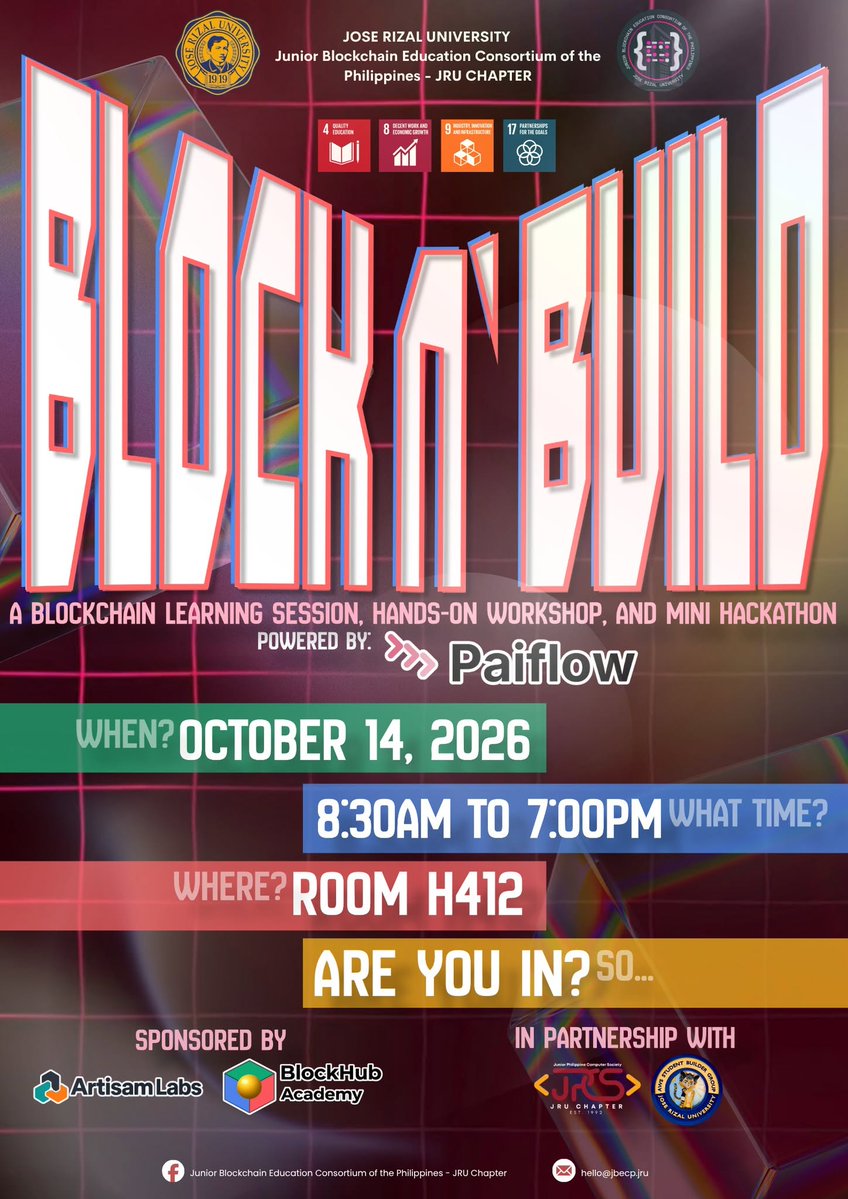 usepaiflow's tweet photo. Let’s see how fast developers can build payment flows on @StellarOrg! ⚡️

@usepaiflow is hosting BLOCKNBUILD—a mini-hackathon & workshop to open our no-code platform to more builders!

Co-organized with JPCS-JRU, AWS Student Builders, @artisamlabs & @blockhubacademy.

🗓️ Oct 14, 2026 
📍 H412, José Rizal University

📲 Scan the QR code in the images to register!

Learn. Build. Innovate.
We Build On Chain. ⛓️