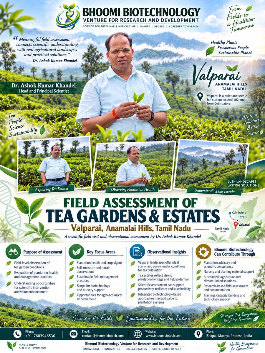 BhoomiBioTechX's tweet photo. πΏ Science in the Fields | Sustainability for the Future
Field assessment of tea gardens & estates at Valparai, Anamalai Hills, Tamil Nadu.
#TeaPlantation #Valparai #SustainableAgriculture #PlantBiotechnology #BhoomiBiotechnology https://t.co/BYs9gg6UEj
