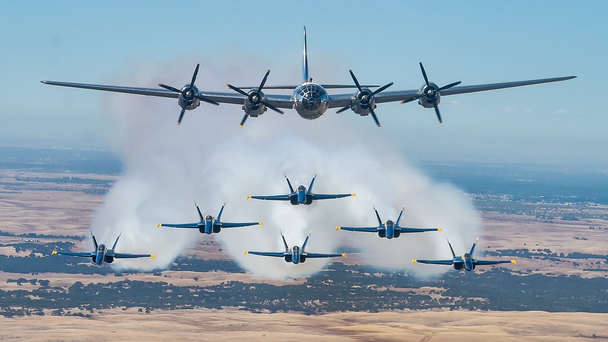 refueled's tweet photo. Blue Angels fly in formation with the B-29 Superfortress. Photo by T. Schumaker. https://t.co/KuU7K4ns3y