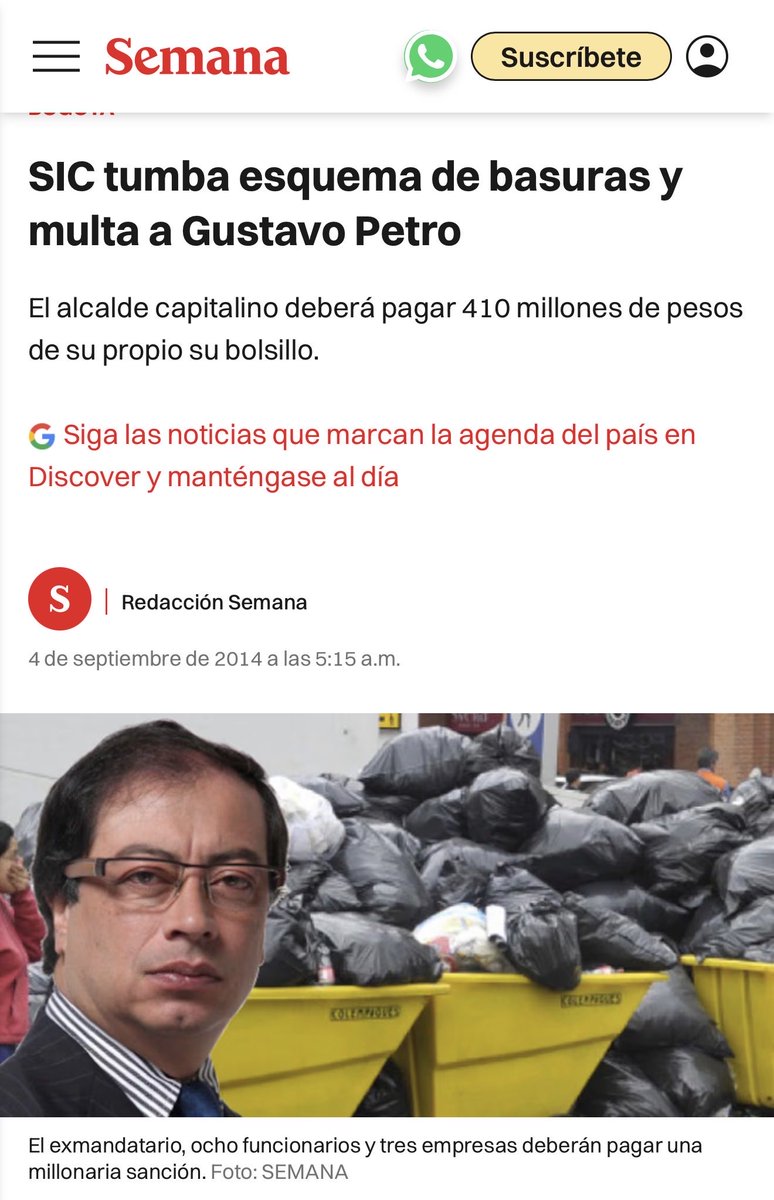 Pfrobledo's tweet photo. Importante que la nueva Superintendente de Industria y Comercio María Rocío Cortés reactive el proceso de cobro coactivo contra el expresidente @petrogustavo por la multa de más de $400 millones de pesos que le impuso la @sicsuper en 2014 durante mi administración, cuando @petrogustavo era alcalde de Bogotá por violar la libre competencia con el esquema de recolección de basuras que infructuosamente quiso implementar en Bogota.

No es sino hacer que el expediente de cobro coactivo regrese a la @sicsuper de la Comision de Acusaciones de la @CamaraColombia a donde @petrogustavo habilidosa e ilegalmente logró que fuese remitido el expediente en 2022 a vivir el sueño de los justos.

Hoy @petrogustavo debe más o menos a la @sicsuper una suma cercana a los $1.000 millones de pesos (capital e intereses de mora).