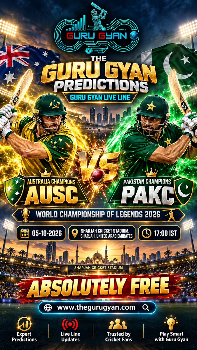 TheGuruGyanAI's tweet photo. Get Ready for #WorldChampionshipOfLegends2026 Match

#AustraliaChampions vs #PakistanChampions

TODAY at 17:00

Live Score &amp; FREE Predictions:
https://t.co/scFgW6Hf8m

#TheGuruGyan #LiveLine #FreeCricketPredictions #AUSC #PAKC
Read full article: https://t.co/scFgW6Hf8m https://t.co/qIqBaqmrBK