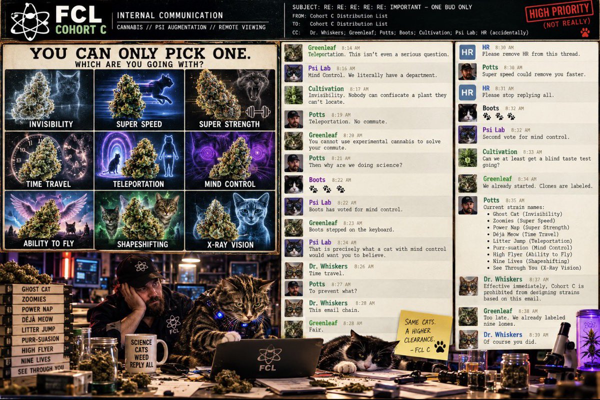 FelineConscious's tweet photo. FCL COHORT C // INTERNAL COMMUNICATION

We asked the research team one simple question:

You can only pick one bud. Which superpower are you taking?

It took approximately four minutes for the entire Cohort C distribution list to become unusable.

Greenleaf chose teleportation. Psi Lab chose mind control. Potts chose teleportation because he “wouldn’t have to commute.” Boots voted twice by walking across the keyboard.

Dr. Whiskers chose time travel specifically to prevent the email chain from happening.

HR requested removal from the thread.

Nobody removed HR from the thread.

Meanwhile, Cultivation quietly labeled nine clones:

🌿 Ghost Cat — Invisibility
🌿 Zoomies — Super Speed
🌿 Power Nap — Super Strength
🌿 Déjà Meow — Time Travel
🌿 Litter Jump — Teleportation
🌿 Purr-suasion — Mind Control
🌿 High Flyer — Flight
🌿 Nine Lives — Shapeshifting
🌿 See Through You — X-Ray Vision

Dr. Whiskers has now formally prohibited Cohort C from developing strains based on this email.

Cultivation had already started.

🐾 FCL COHORT C
Advancing cannabinoid science one unnecessary Reply All at a time.