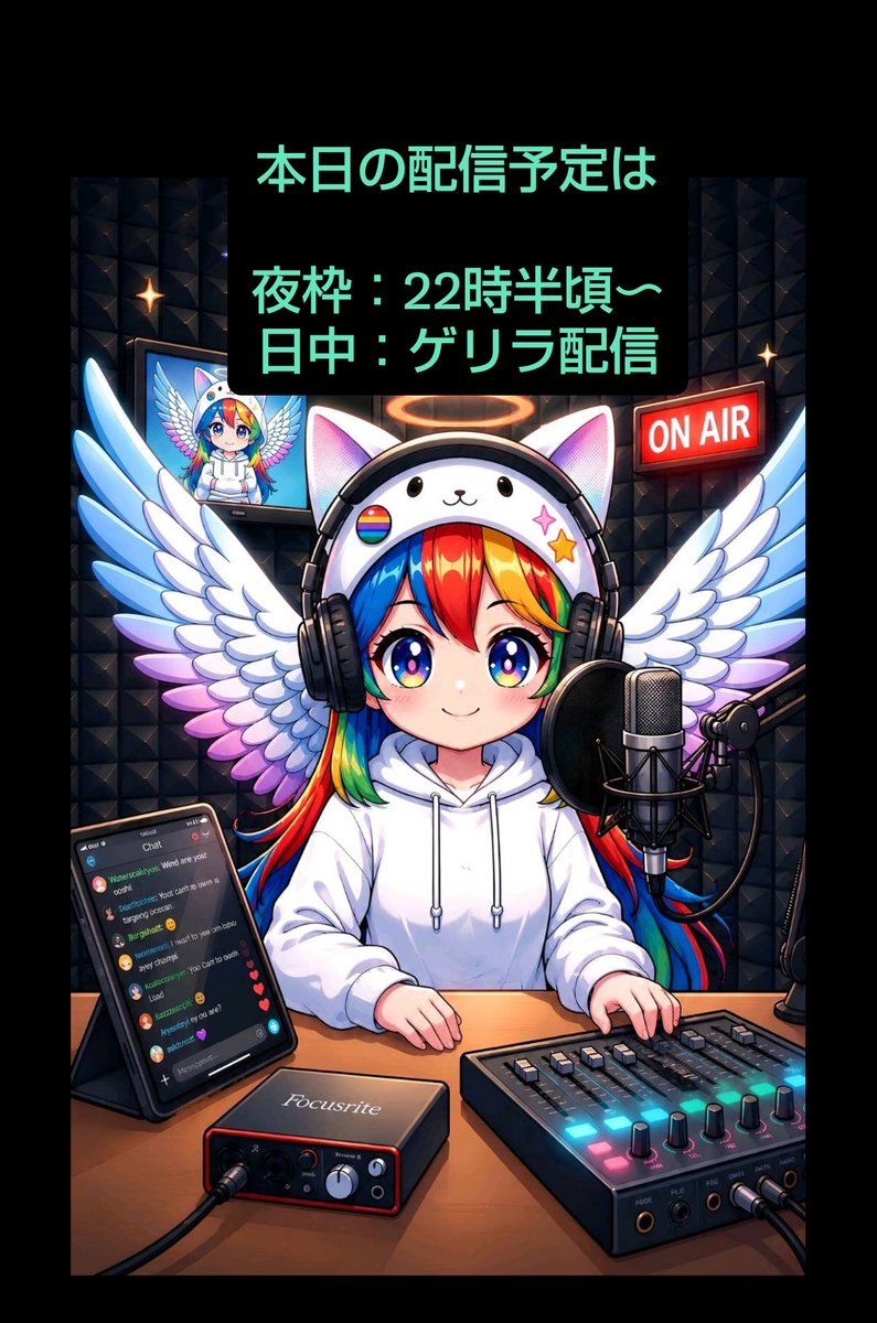 hazumi_falco's tweet photo. 昨日は日中配信にお集まり頂き有難うございました🙏☺️
ミリ知らで挑戦したパイパイ仮面が、今では随分歌えるようになった😆嬉しい♪
色んな曲調が織り交ぜられていて魅力的だね✨歌ってて楽しい！
「あほいっ」も初挑戦wセリフだけは全力🤣面白い曲w

🪽🌈本日🌈🪽
夜枠22時半頃〜
日中ゲリラ配信です https://t.co/8aCsjAWl9t