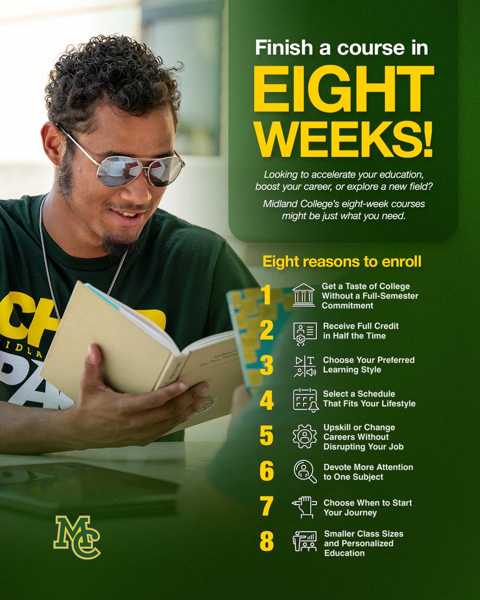 Midland_College's tweet photo. Eight weeks can get you a lot closer to where you want to be. 👌
Knock out another class. Catch up on credits. Start something new.
Fall 2 starts Oct. 20. Say YES to your next class: https://t.co/Ei2QJHXtTh https://t.co/1kUG6R8J2C
