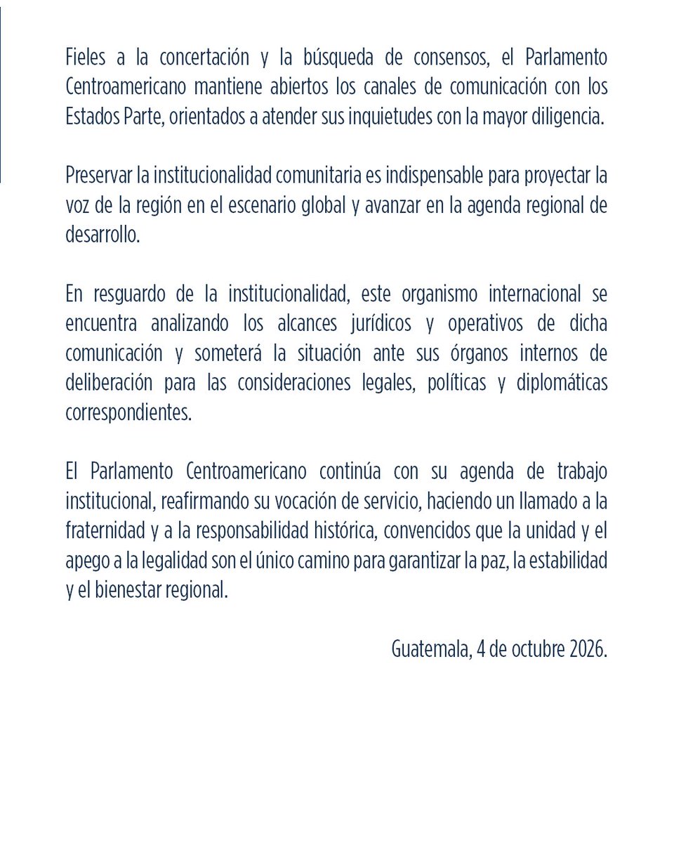 PARLACEN's tweet photo. 📢 El PARLACEN informa sobre su posición institucional ante las manifestaciones relacionadas con la denuncia del Tratado Constitutivo por parte de Nicaragua.

#CentroaméricaUnida https://t.co/4yq5hwzu7V