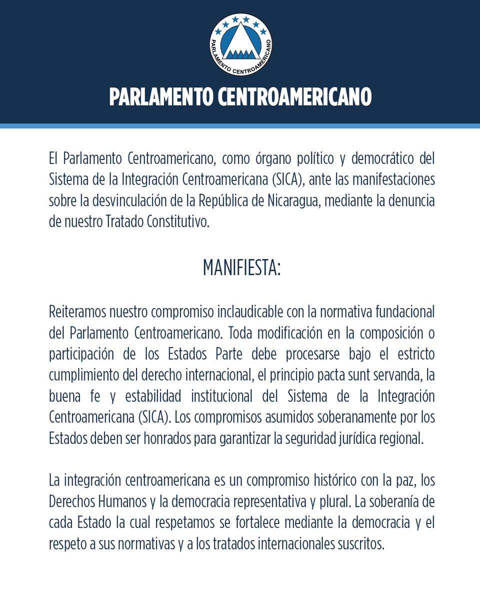 PARLACEN's tweet photo. 📢 El PARLACEN informa sobre su posición institucional ante las manifestaciones relacionadas con la denuncia del Tratado Constitutivo por parte de Nicaragua.

#CentroaméricaUnida https://t.co/4yq5hwzu7V