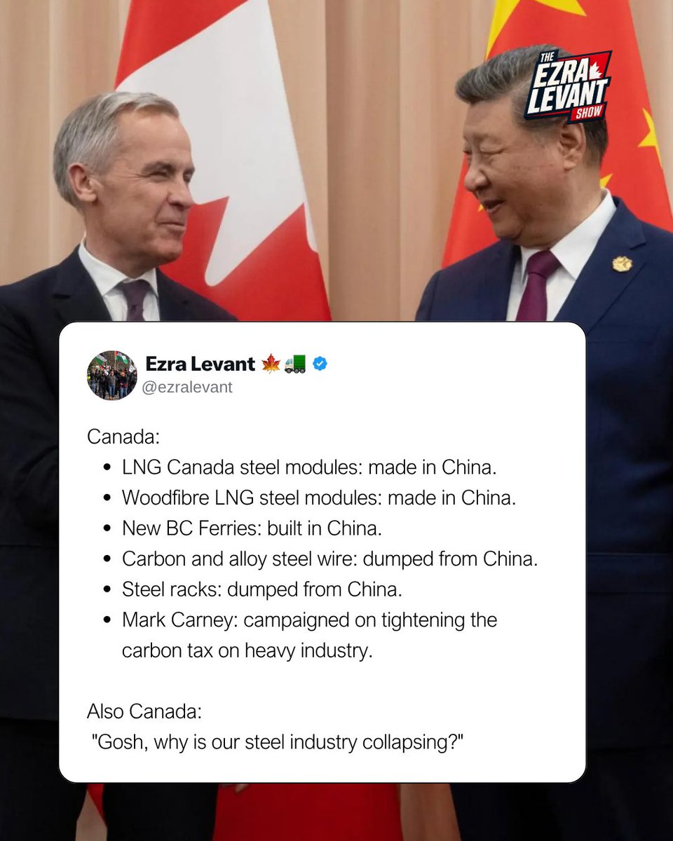 ezralevant's tweet photo. The biggest private investment in Canadian history was built with Chinese steel.

Ottawa waived the duties on LNG Canada's steel modules made in China.

Woodfibre LNG went to court to avoid duties on its own Chinese steel components, and lost.

BC Ferries picked China Merchants in Weihai to build four new ferries.

In April 2025, the Canada Border Services Agency opened a dumping case on carbon and alloy steel wire from China.

Then Mark Carney campaigned on tightening the carbon tax on heavy industry here at home.
