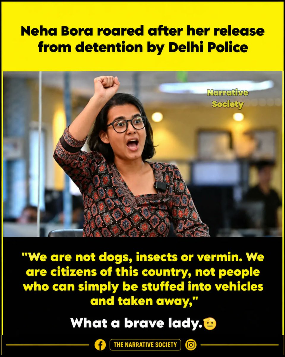 Kumarjyoti49291's tweet photo. Incarcerated yet unbroken. We are not animals or pests; we are legitimate citizens of this nation. Upon her release, she proclaimed with fierce determination, and her voice resonated throughout the entire Indian populace. What an extraordinarily courageous woman. She commands our deepest respect. 🫡
#NehaBora #DelhiPolice #Democracy #BraveLady