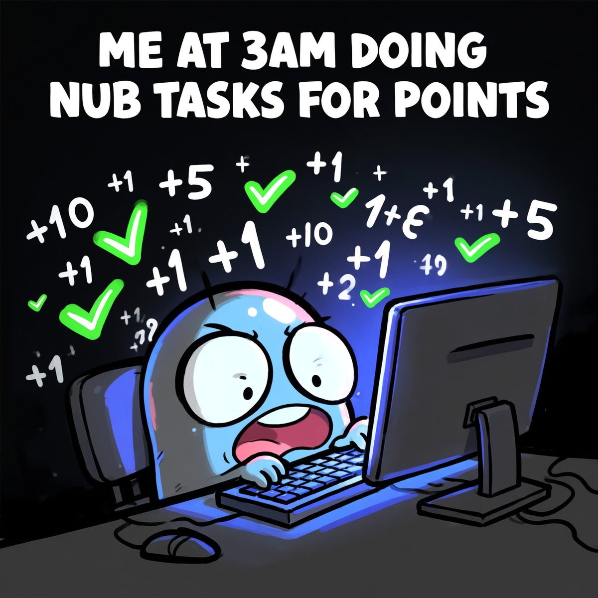 salari__hamid's tweet photo. @nubs_on_x  
me at 3am doing nub tasks for points 🧫💀  @nubs_on_x got me acting unwise  free mint on robinhood chain + leaderboard is live = I'M NOT SLEEPING  https://t.co/wC7V5pCJ7w https://t.co/T7475RJzJh