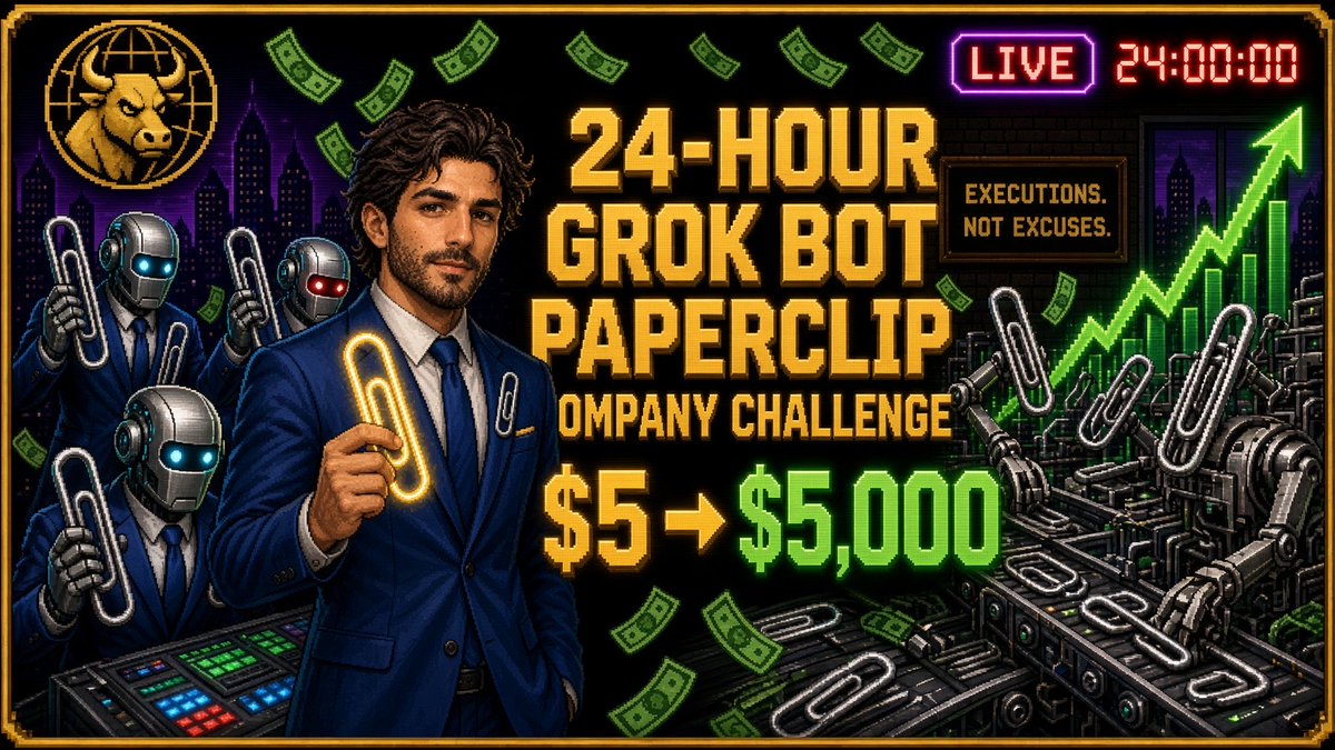 GrokBotInc's tweet photo. 🚨 LIVE IN 40 MINS 🚨

Tired of the fake “Grok bot / OpenClaw made me $30K auto-trading” posts.

I’m doing it for real.

24-HOUR $5 → $5,000 CHALLENGE
 Starts exactly 11:11 PM ET.
 One account. Live on X the entire time. No cuts. No “trust me bro.”

Watch every trade, every win, every blow-up, in real time for 24 hours straight.

No sleep. No screenshots from last month. Just the chart and the receipts.

🔴 Going live at 11:11 on the dot.
 Drop a 📈 if you’re locking in.

#GrokBot #LiveTrading #xAI