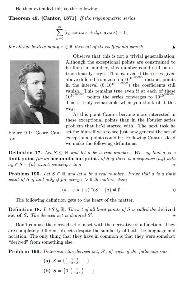 alz_zyd_'s tweet photo. This textbook makes such interesting pedagogical choices, relative to Rudin. It basically doesn't talk about open sets, or define continuous functions in terms of them. It introduces countable and uncountable sets really late, well after continuity, Bolzano-Weierstrass, etc https://t.co/TrUCpCknzp