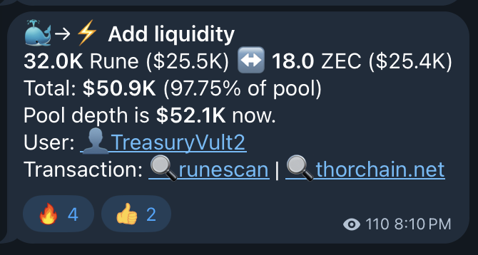 BooneW's tweet photo. The @THORChain Treasury just added $50k of liquidity to the zcash:native pool, which should be enough for small retail swaps to have decent execution

Will be excited to see how much adoption this gains

$RUNE 🤝 zcash:native https://t.co/43lb36FtAj