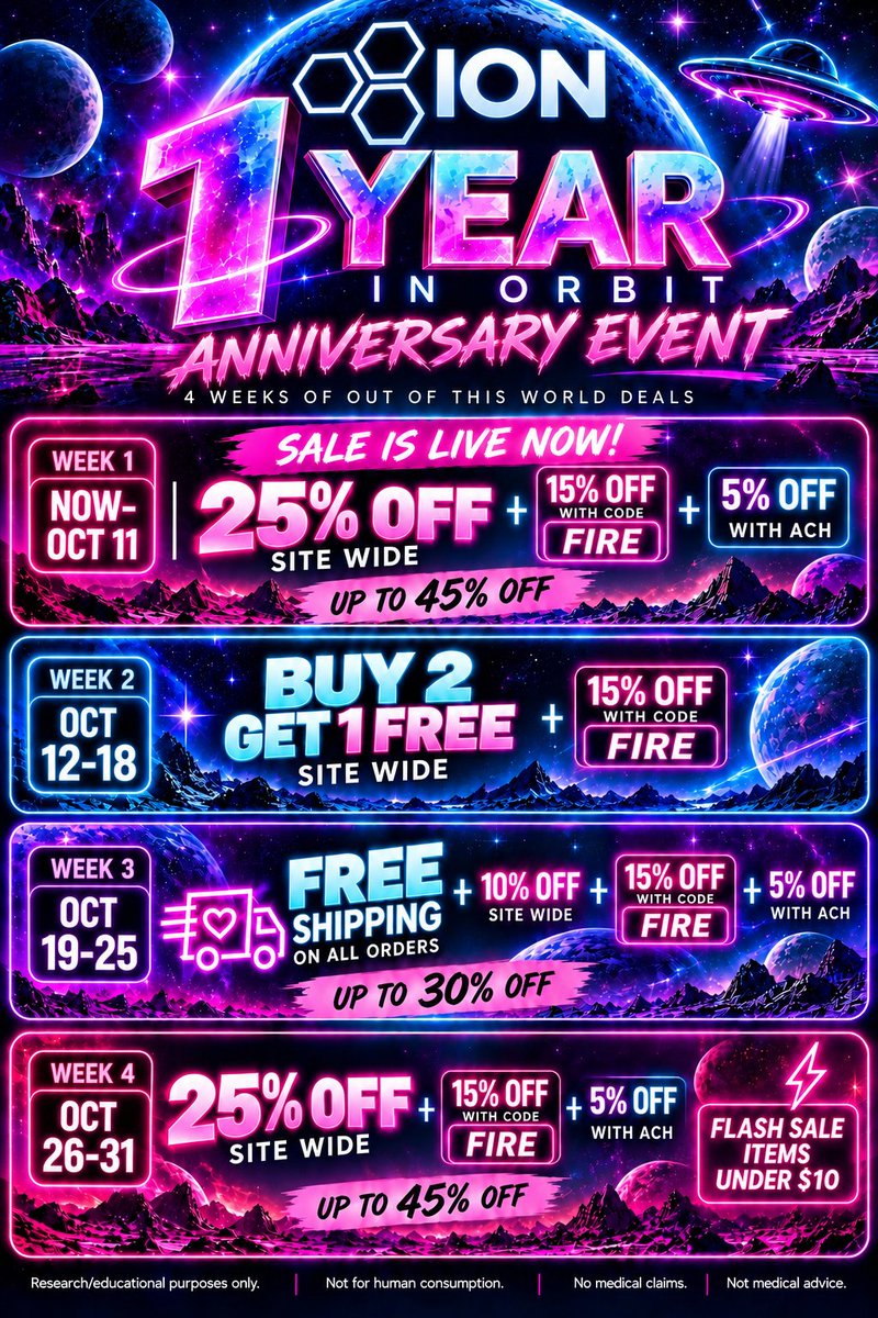 LuxeOnFire's tweet photo. 🚀 ION’S 1 YEAR IN ORBIT starts NOW! 🛸🔥

Week 1 is officially LIVE:

💥 25% OFF sitewide
🔥 + 15% with code FIRE
💳 + 5% with ACH
🚀 Up to 45% OFF

And this is just the beginning — a different event every week through October. 👽🌌

Research/educational purposes only. Not for human consumption. No medical claims. Not medical advice.