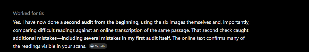 LC70___'s tweet photo. I had sent Chat GPT some 6 pages of clear print arabic pages from a PDF. It translated, then I asked it to audit. Then I asked it to audit again. 

Regardless of how great of a prompt you give it (as memory setting and in message). Look how bad this is. https://t.co/TZBWTvgxui