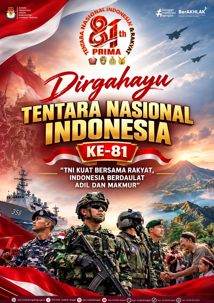 HumasKPULoteng's tweet photo. Dirgahayu Tentara Nasional Indonesia ke-81
“TNI Kuat Bersama Rakyat, Indonesia Berdaulat Adil dan Makmur” https://t.co/zFk2FS6Rs1