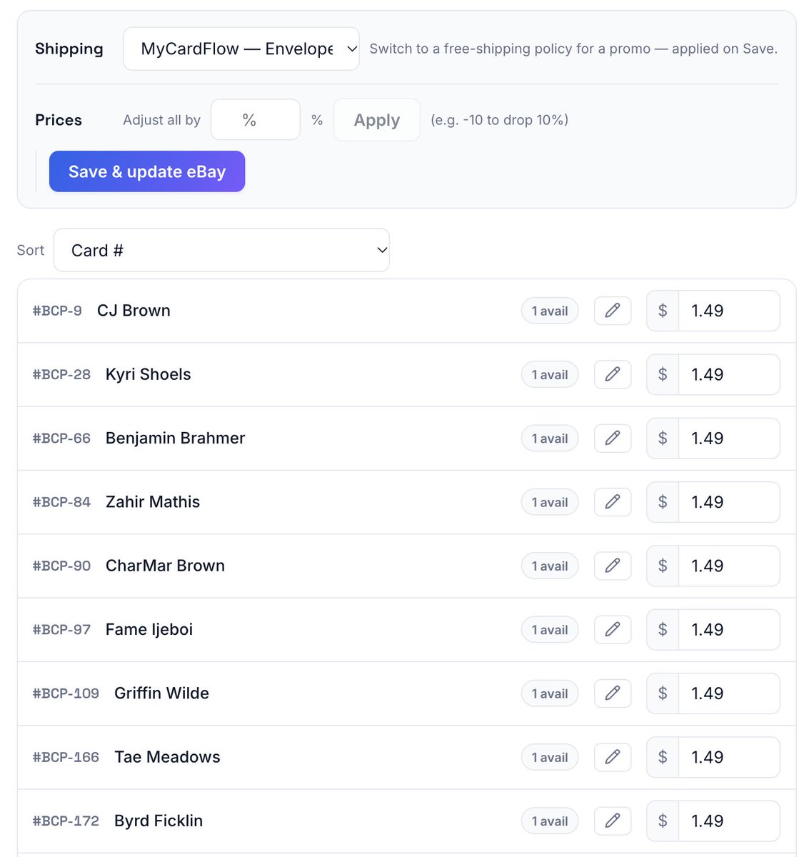 mycardflow's tweet photo. Want to manage pricing? Two options: 

1) Set prices individually
2) Bulk adjust prices up or down
3) Easily sort by card number, qty available, or hot cards https://t.co/7M9DS0reBV
