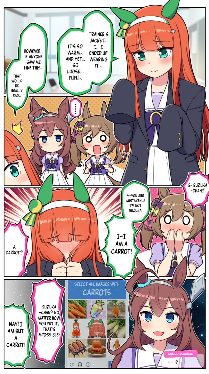 duoblues2's tweet photo. I am but a carrot! 
Artist: Takiki2828
#ウマ娘 #ウマ娘英訳 #Umamusume #UmaTranslations https://t.co/iRXUbX1mrR