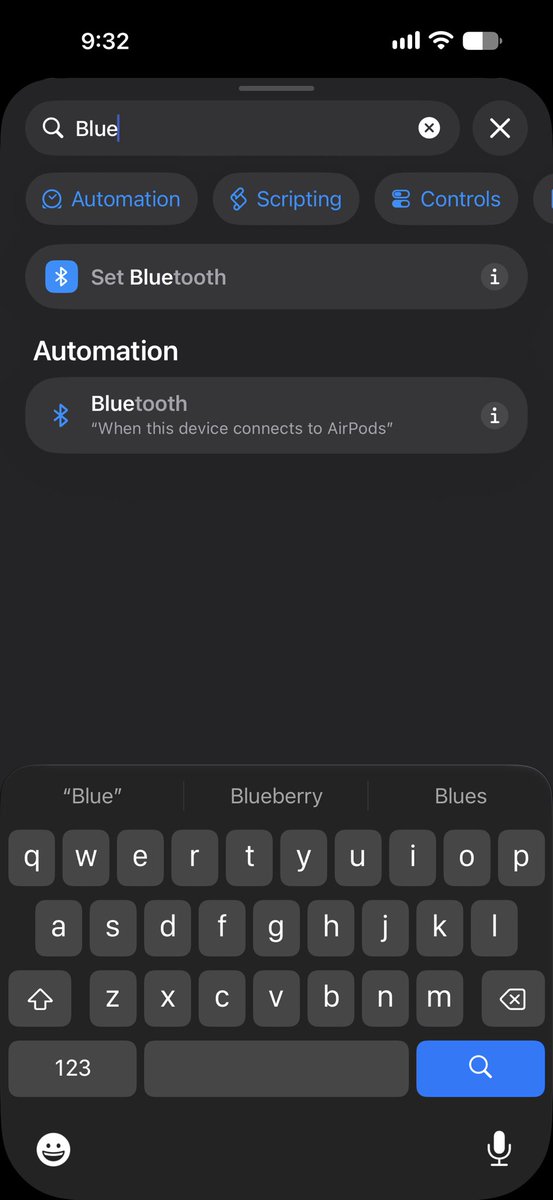 rob_aye's tweet photo. Biggest problem with making your own shortcuts/editing them is the search function, half the things it puts in when you ask AI for a shortcut just don’t show up when searching and some show inconsistently like the example below not showing Bluetooth option when it should @Apple https://t.co/eugpfrXO24