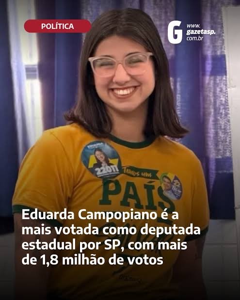 PlanetAquino's tweet photo. >23 anos (flor da idade)
>Anti-feminista (based)
>Forte debatedora
>Odeia comunismo (Chad)
>Cristã
>Contra ideologia de gênero 
>Conservadora
>Contra o aborto
>Odeia imposto
>A mais votada de SP

Simplesmente Eduarda Campopiano. https://t.co/CNFJifkW4u