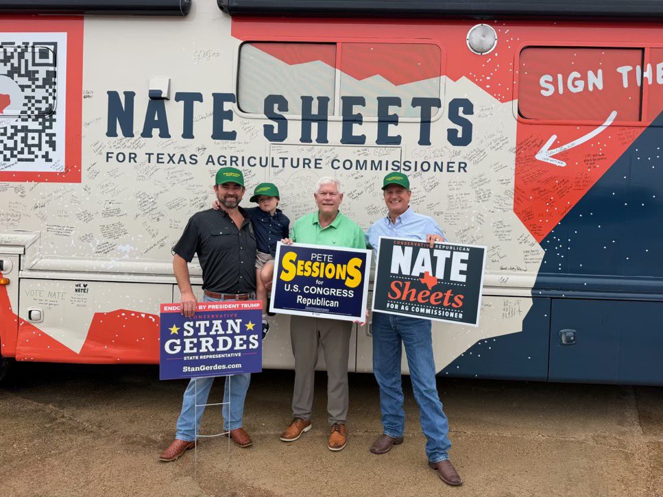 SessionsTX17's tweet photo. It was great to catch up with our Republican nominees @KenPaxtonTX, @natesheetsforTX, and @StanGerdesforTX this weekend in TX-17!

My party stands ready for the challenge we face this November as we take on the radical socialist Democrats.

God bless the great state of Texas. https://t.co/nJTAmgsZz7