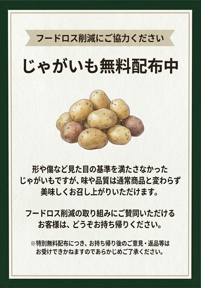 aubergine_1987's tweet photo. 【🥔フードロス削減の取り組み🥔】

じゃがいも、無料でお持ち帰りいただけます🥔゛

商品基準では「見た目NG」となってしまうものの、食べるには問題のないじゃがいも。
捨ててしまうのはもったいないので、食品ロス削減の取り組みとして、テイクアウトをご購入いただいたお客様に無料でお配りします🥔゛

趣旨をご理解いただける方、ぜひお持ち帰りください🥔゛
※ノークレーム・ノーリターンでお願いします🥔゛
※お弁当をご購入いただいたお客様に限らせていただきます🥔゛
#テイクアウト
#オーベルジーヌ新宿