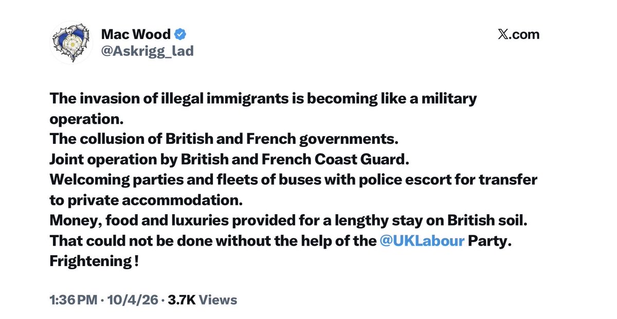 Fulcrumbs44's tweet photo. @AllisonPearson Britain is falling.

The only reason Brits haven’t taken to the street is that the media has suppressed the invasion.

The govt is defending the invaders and arresting the natives.

This is intentional, this is organized. https://t.co/oV9IZVc6Qj