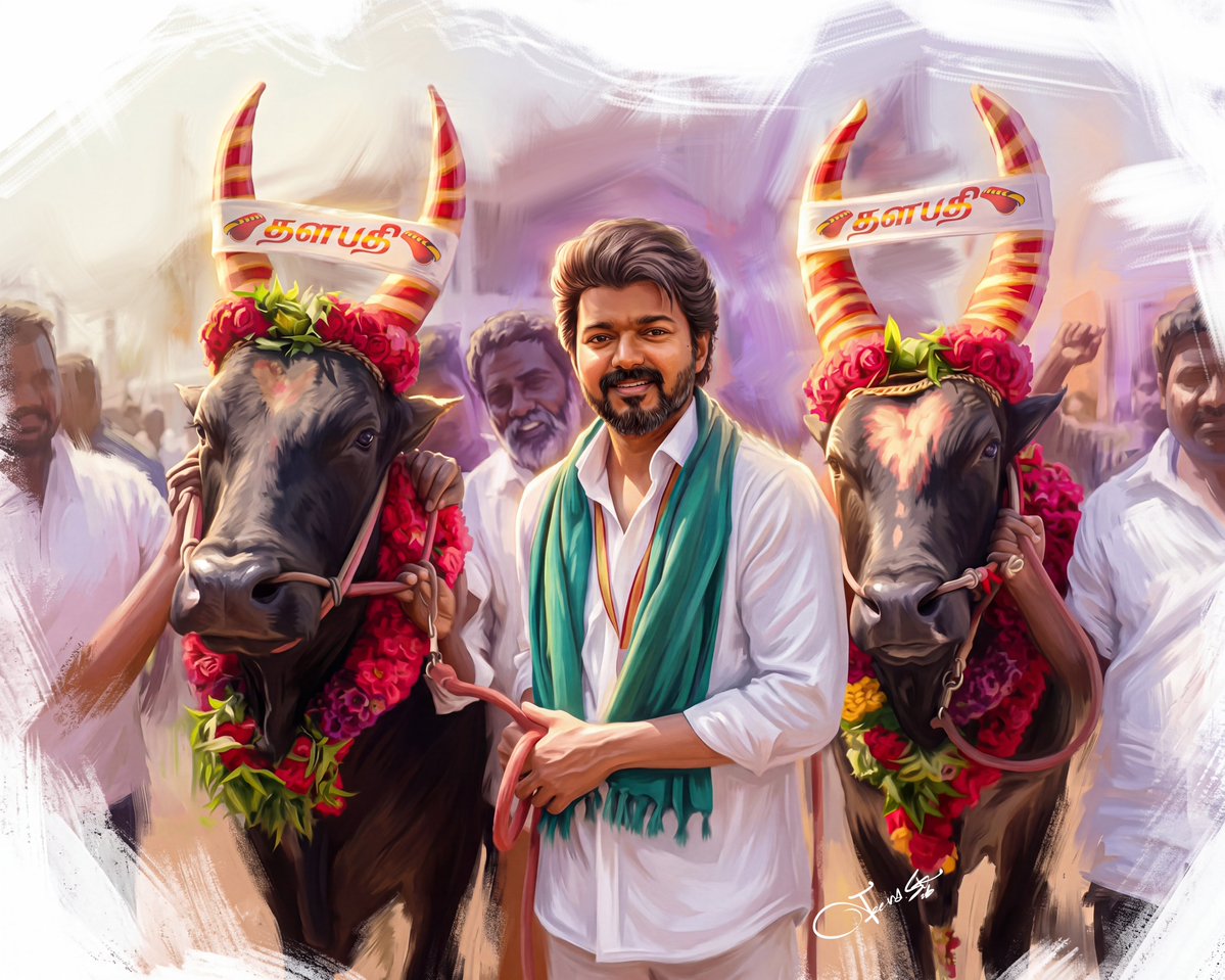 jeevaskj's tweet photo. 🐂 ஜல்லிக்கட்டு காளைகளுடன் தளபதி விஜய் ❤️ | Tamil Culture Digital Painting 2026 🎨🔥
#Thalapathy #VijayAnna #TamilFestival #Jallikattu2026 #FanMadeArt #DigitalPainting2026 #Kollywood #TamilArt #Artwork #VillageVibes #PongalSpecial #ArtLovers #CreativeArt
@actorvijay https://t.co/XUK3ZtA66H