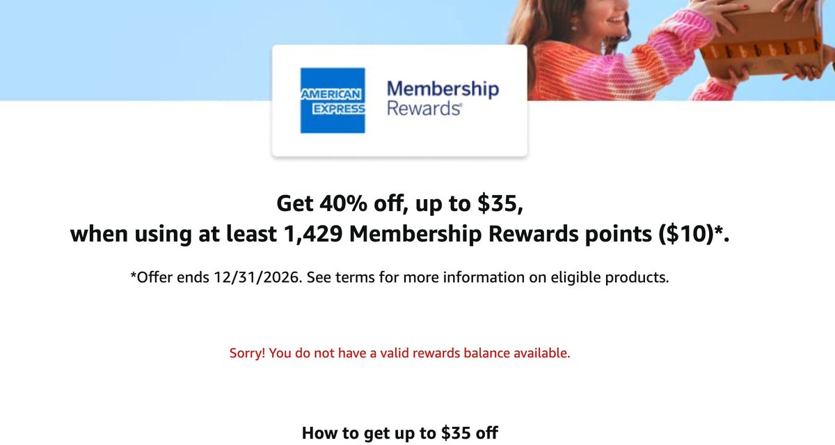 USCCStrategy's tweet photo. [More Targeted] #ad #Amazon #MR Shop with points deal: Get 40% off, up to $35, when using at least 1,429 Membership Rewards points ($10) 
https://t.co/7VhFMAXRVu
Link your cards https://t.co/giTy4pALTp https://t.co/kuMrFPyChZ