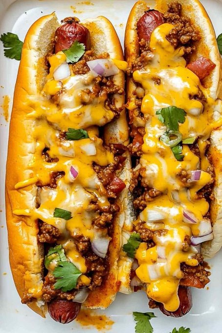 Two loaded chili dogs topped with melted cheddar cheese, diced red onions, and fresh cilantro served in a white container.