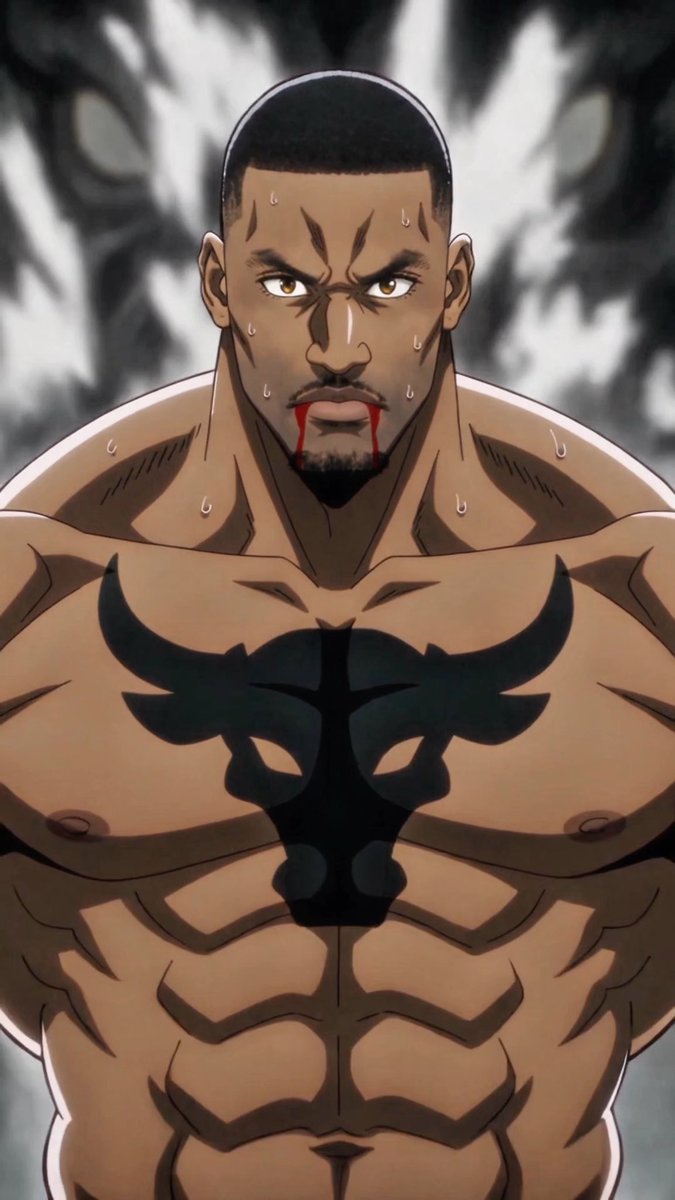 An anime-style illustration depicts a muscular, shirtless man with a bull-like tattoo on his chest, sweating and bleeding from his mouth with an intense expression.