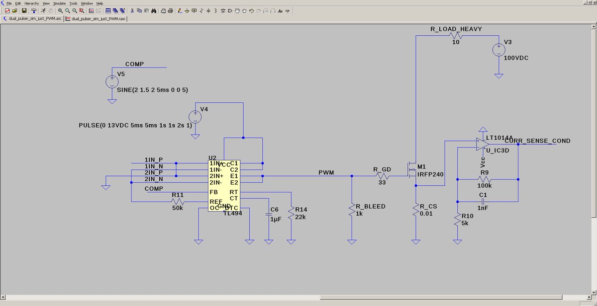 markkhusid's tweet photo. LTspice tip: if a PWM controller model errors out at t=0, ramp VCC up with a PWL or PULSE source instead of a plain DC source.

That's what got my TL494 test jig simulating cleanly.

What's your go-to fix when a sim won't start?

https://t.co/Yys6P9Nau8 #LTspice https://t.co/6Zw1yejMks