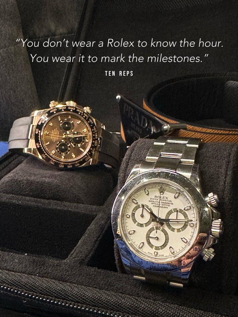 tenrepsauthor's tweet photo. My wife gifted me a steel #RolexDaytona  in 2013 as a crown for our record-breaking business profit that year.

A King crowned on the wrist by arguably the most wanted #watch in the world.

I’ve never sent it for a service in the last 13 years.

It is still working beautifully.

I bought another in 2023, in everose #gold and with that unrivalled, delicious chocolate dial.

These are great, robust, proper #chronograph #timepieces.

The greatness of #Rolex is not up for debate.