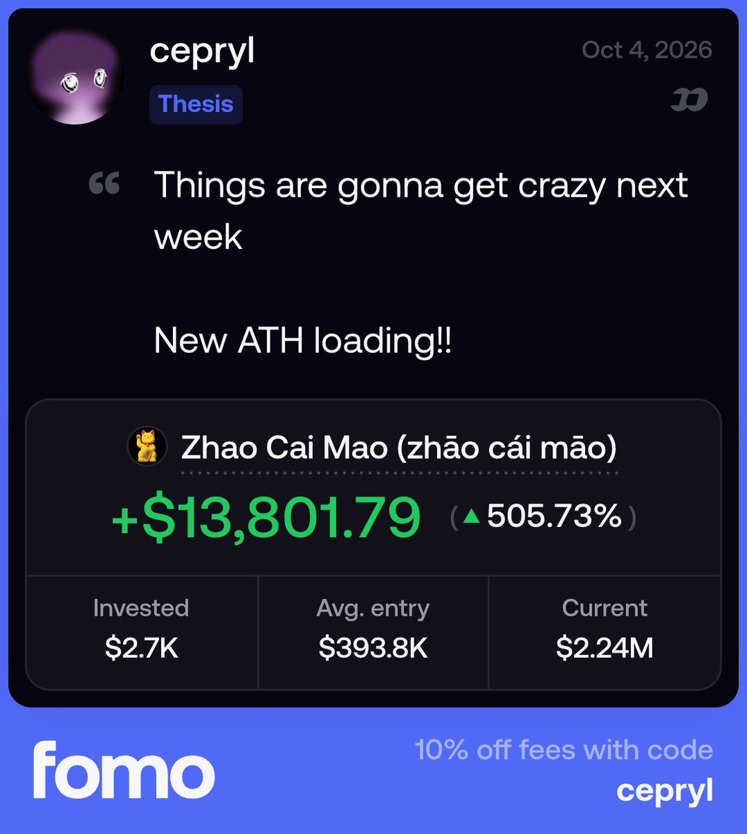 cepryl's tweet photo. Manifesting wealth and fortune for next week

No better coin to ape than @zhao_cai_mao_ 

Here's your entry before a new ATH 🙏 https://t.co/V49OgTXV66