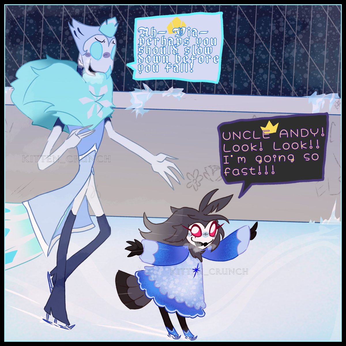 Kitten_Crunch's tweet photo. POSTING HELLAVERSE EVERYDAY OF OCTOBER🍁🎃! +DAY 4!+ Ice Skating!! The new short really made me wanna draw more Via! I also have always wanted to draw more Andrealphus! #helluvaboss #helluva #helluvaandrealphus #helluvaoctavia #helluvabossfanart https://t.co/gFioKNCL1C